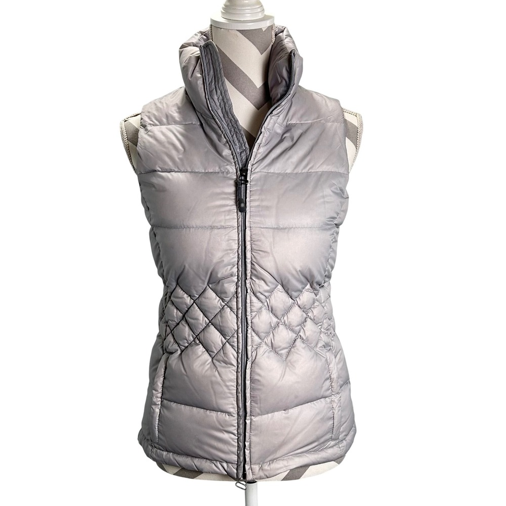 Athleta Down Puffer Vest XS Silver Gray Quilted Full Zip Sleeveless‎ Jacket